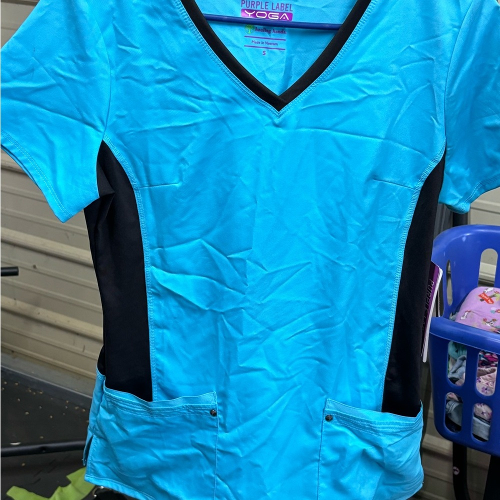 Blue and Black V-Neck Scrub Top